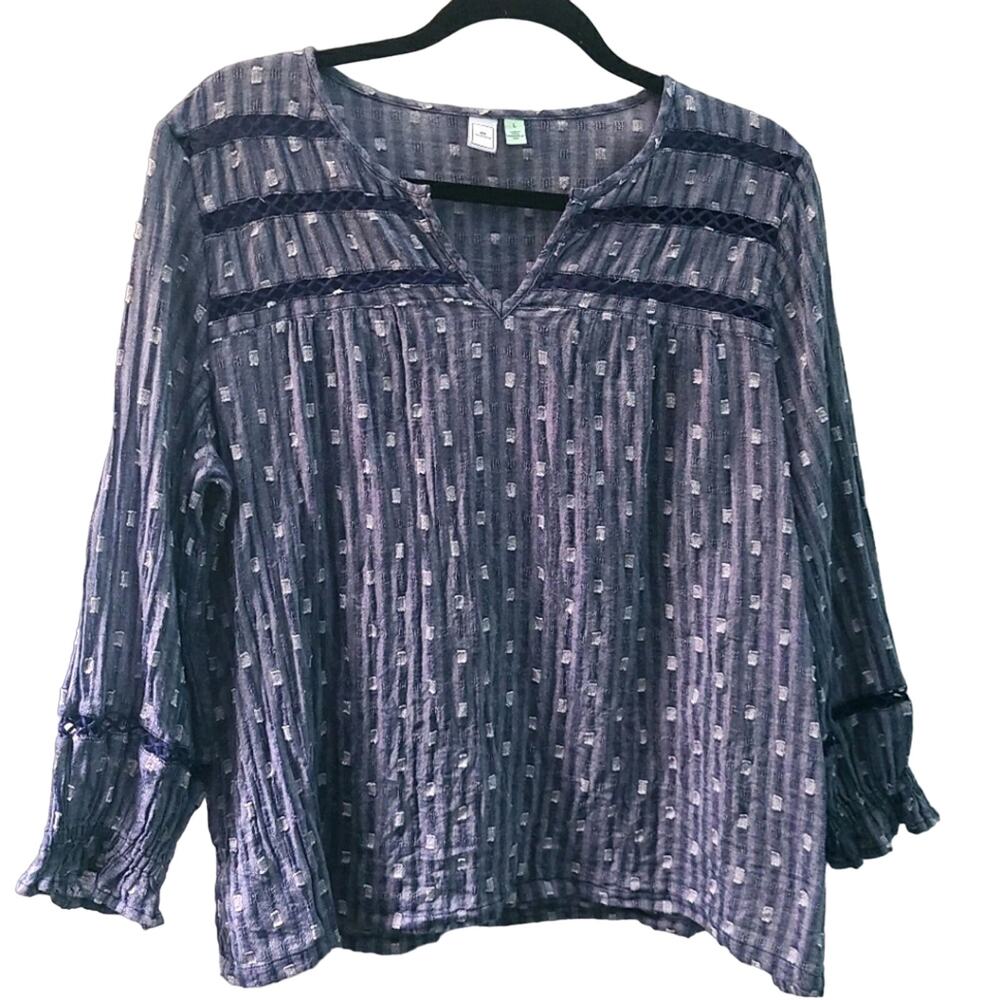 Susina Womens Sz L Blue White Long Sleeve Blouse 3/4 Sleeve Split Neck Top